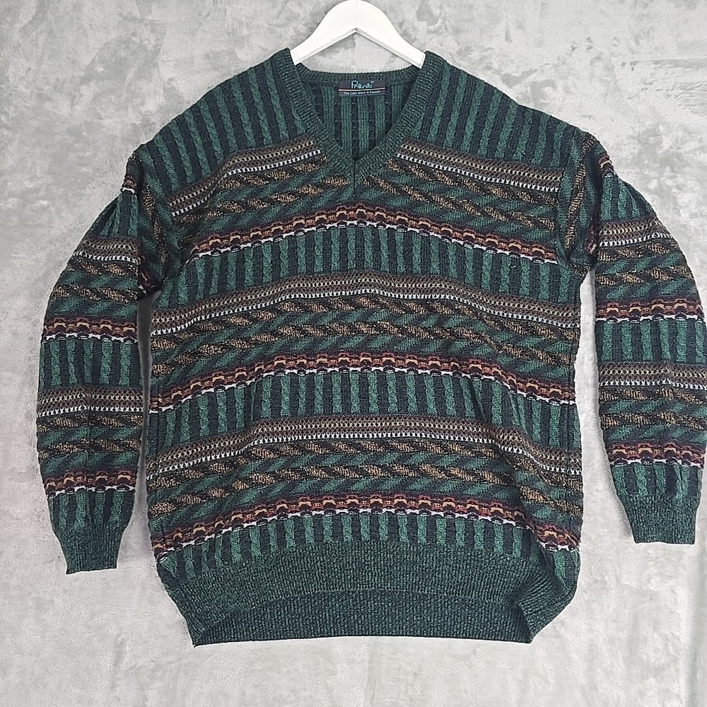 Priknit VTG Mens‎ V-Neck 3D Knit Sweater 44 Large Green Grandpa Cosby Style